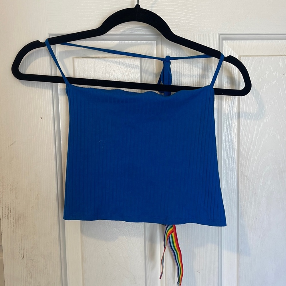 Blue crop halter top Silence & Noise rainbow back straps